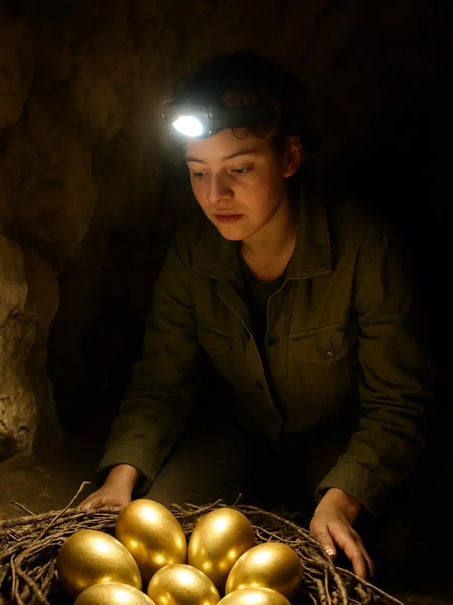 She Crawled Into the Cave and Found a Nest of Golden Eggs. Then Three Figures in Black Coats Blocked the Way Out.